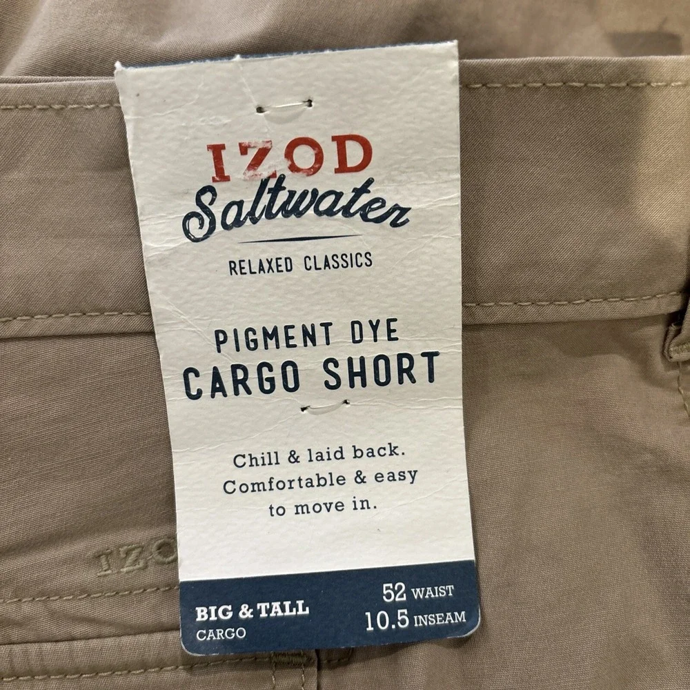 IZOD Saltwater Men Shorts Cargo Relaxed Classic Fit 52W Cedarwood Khaki 10.5 in